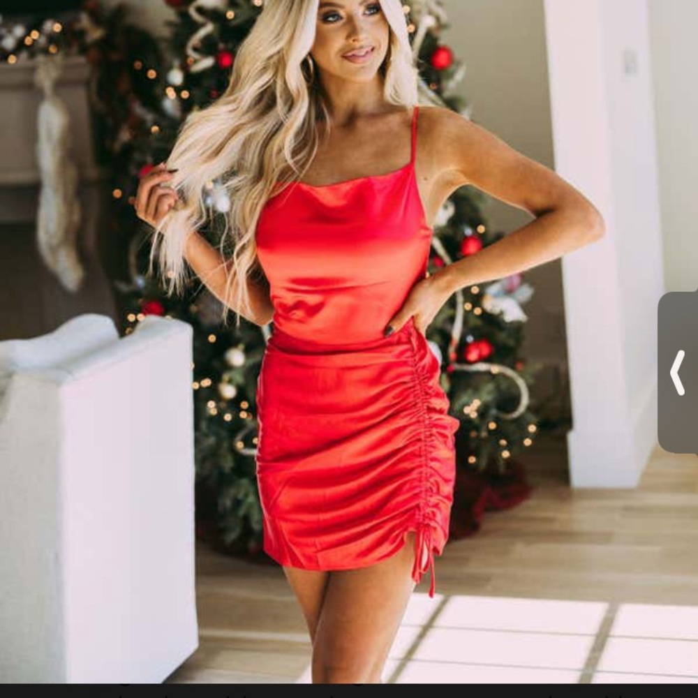 Red Side Ruched Satin Dress - New W/O Tags
